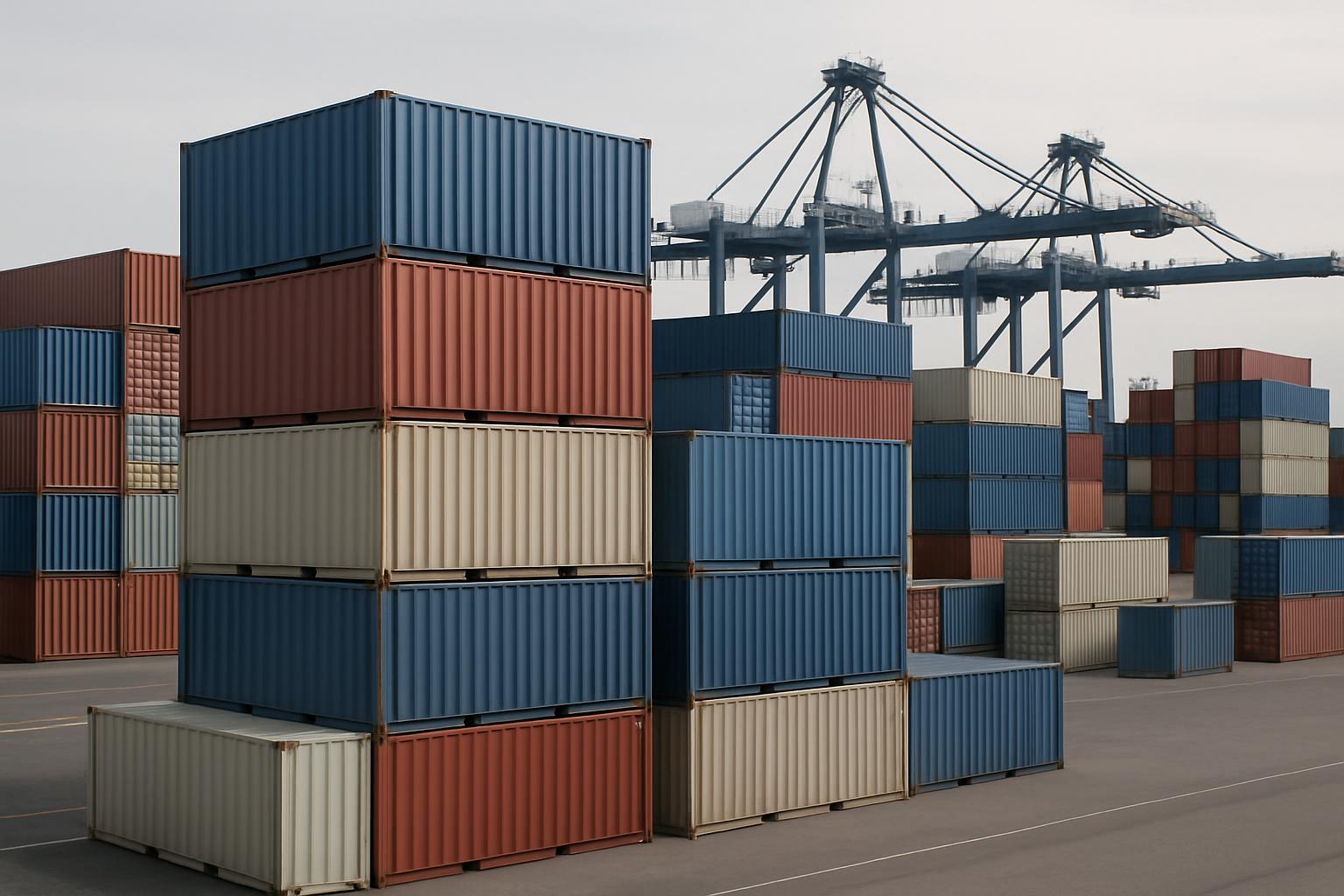 Shipping containers and several offshore cargo cranes are stacked in a storage area near a busy seaport. The containers ar...